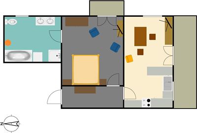 Apartment, shower and bath tub, 1 bed room